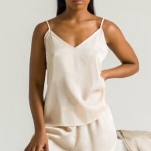 New Medium Ettitude Beige Sateen Bamboo V Neck Camisole